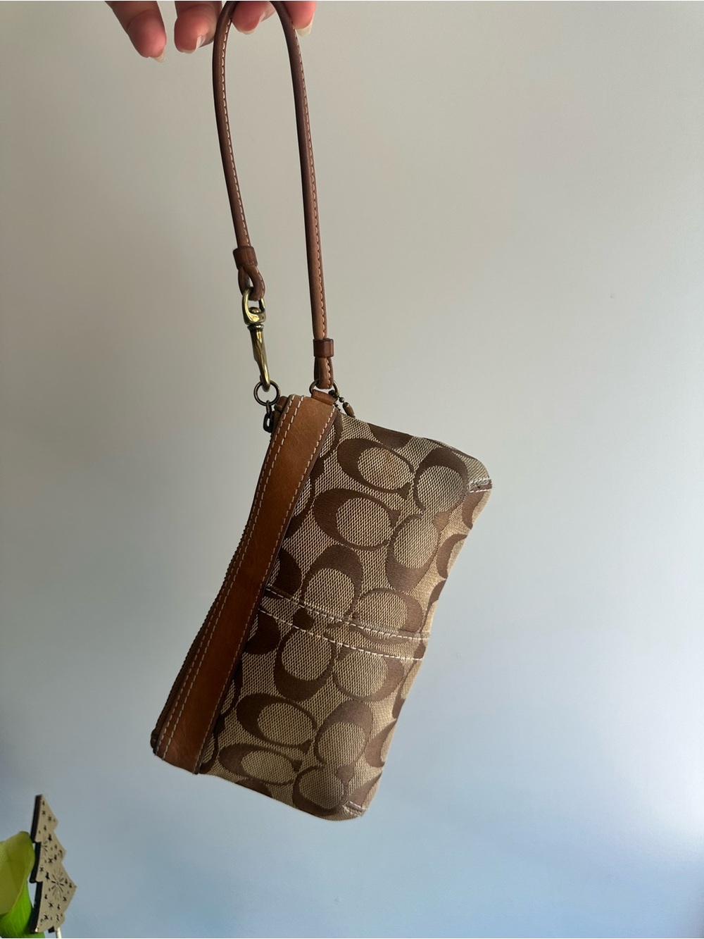 Coach Brown Signature Canvas Wristlet with Leather Trim